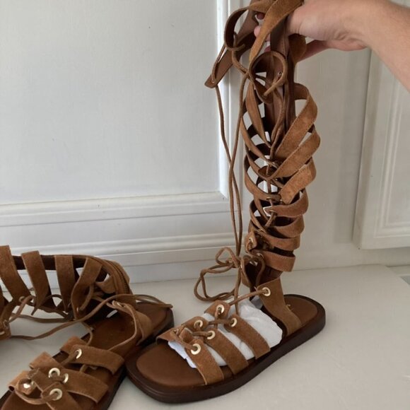NWOT Free People Sun Chaser Taupe Suede Tall Gladiator Sandals Sz 37.5 - Picture 5 of 6